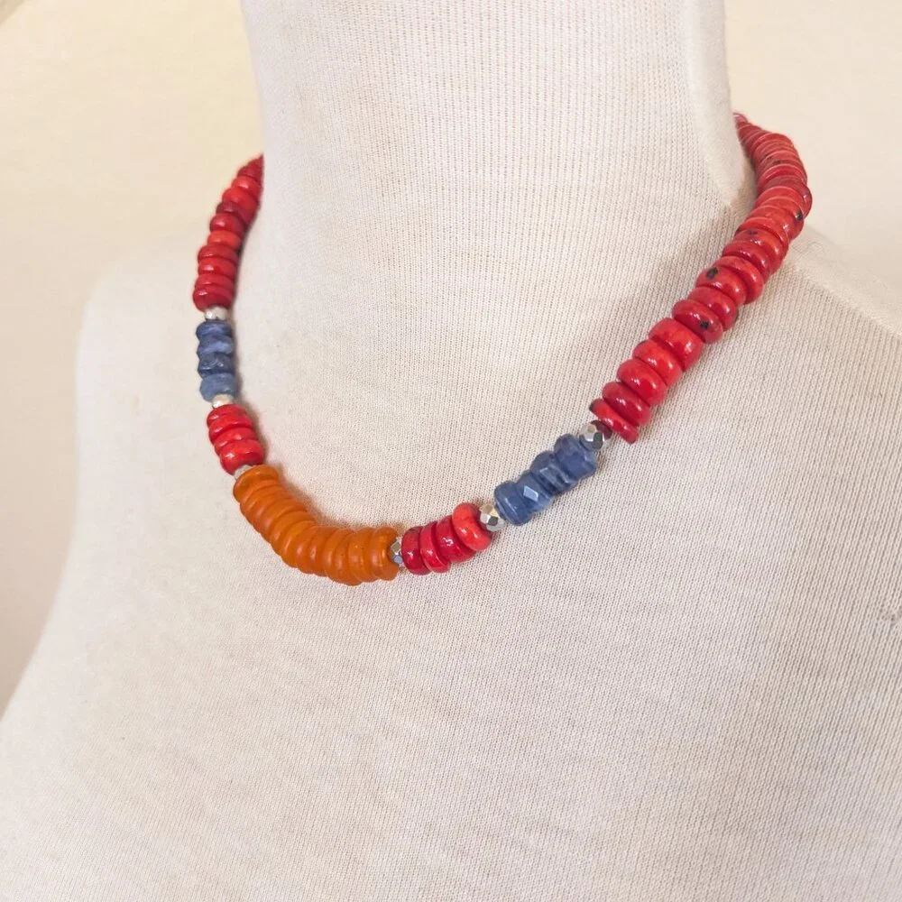Southwestern Red Coral, Denim Blue Kyanite & Orange Statement Necklace
